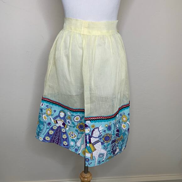 Vintage 60s Sheer Yellow Half Apron Folk Art Scandinavian Blue Hem OSFM - Picture 1 of 11